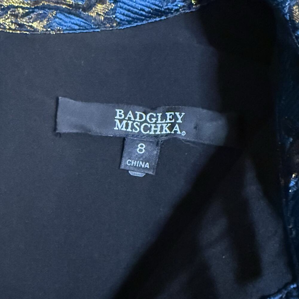 Badgley Mischka Puff-Sleeve Regal Brocade Blue & Metallic Gold Shirtdress Gown 8 - Picture 4 of 14